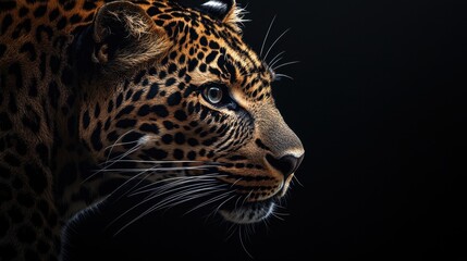 Obraz premium Intense close-up of a leopard piercing gaze against a black backdrop, showcasing the raw power of wildlife.