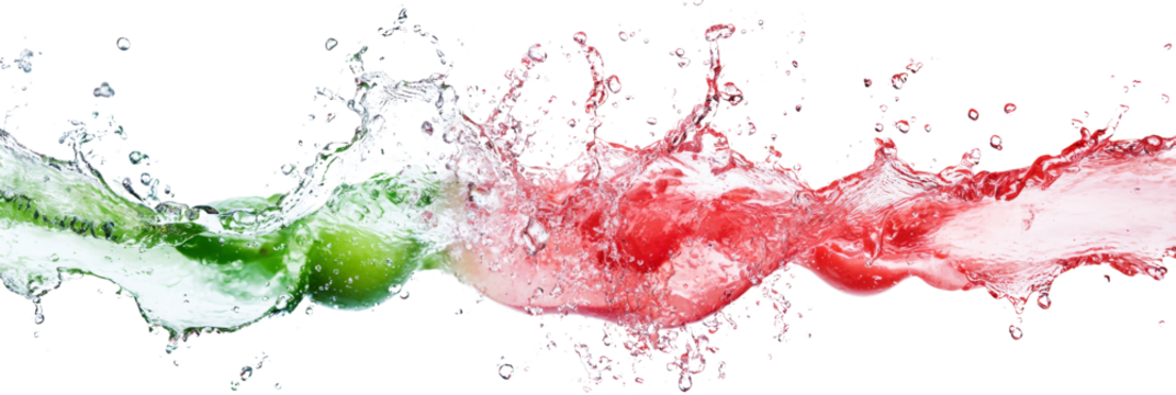 Dynamic splash of colorful liquids merging in mid-air, creating a vibrant blend of red, green, and white hues against a white background. isolated PNG transparent Background.