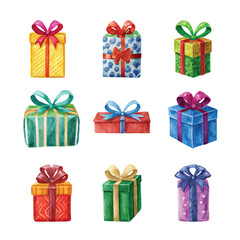Cheerful watercolor gift collection with vibrant patterns and ribbons