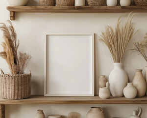 White empty frame mockup on shelf, decor, design, banner.    AI generation.