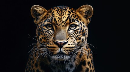 Fototapeta premium Intense close-up of a leopard piercing gaze against a black backdrop, showcasing the raw power of wildlife.