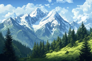 Obraz premium Majestic Snow-capped Mountains with Lush Green Forest