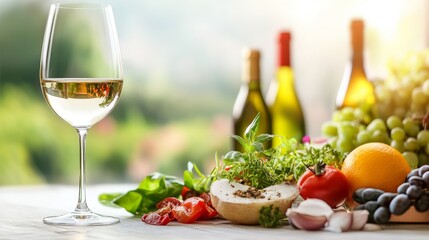 Fresh Ingredients and Wine Glass on Table