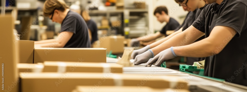 Poster workers assembling and packing boxes in a warehouse during the day in a busy distribution center