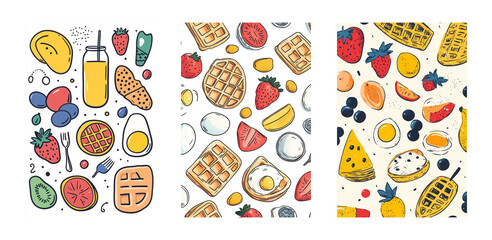 Colorful breakfast pattern collection featuring fruits waffles and juice in a playful cartoon style