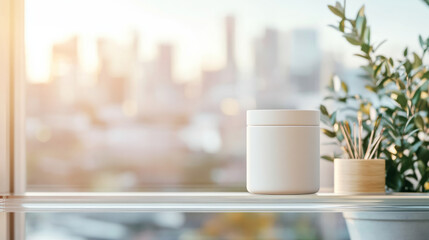 A minimalist white jar sits elegantly on glass shelf, complemented by small potted plant. soft sunlight illuminates scene, creating serene atmosphere with city skyline in background