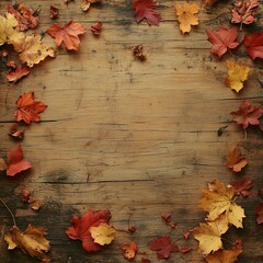 Obraz premium Autumn leaves scattered on a wooden surface