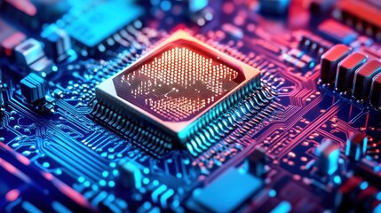 Close-up of a microprocessor on a circuit board showcasing technology and design.