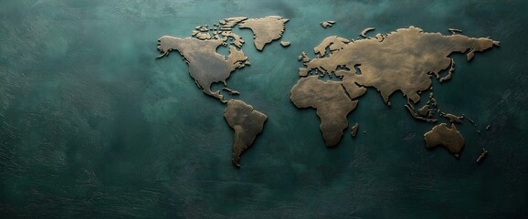 Metallic world map relief on teal background with copy space. Global scientific cooperation and sustainable development for World Science Day