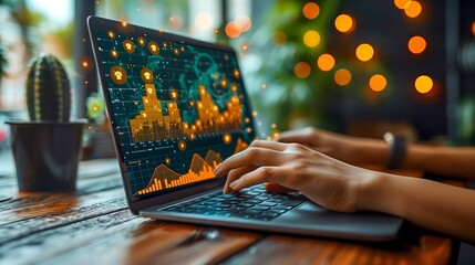 person types on a laptop from which arrows rise, columns of trade indices and data