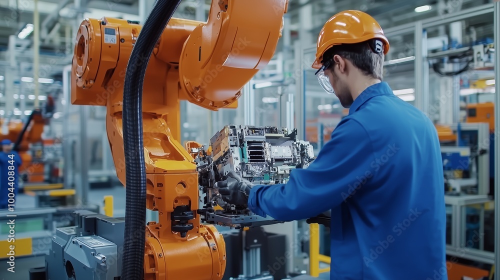 Poster worker in safety gear assembling components with robotic arm in a modern factory during the day