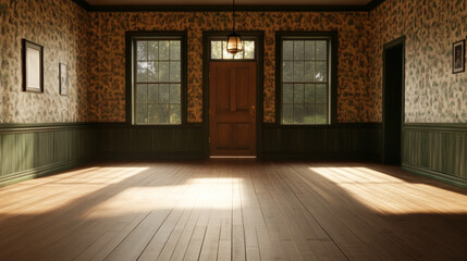 A spacious, sunlit room with wooden floors and vintage wallpaper, featuring large windows and wooden door. warm light creates welcoming atmosphere