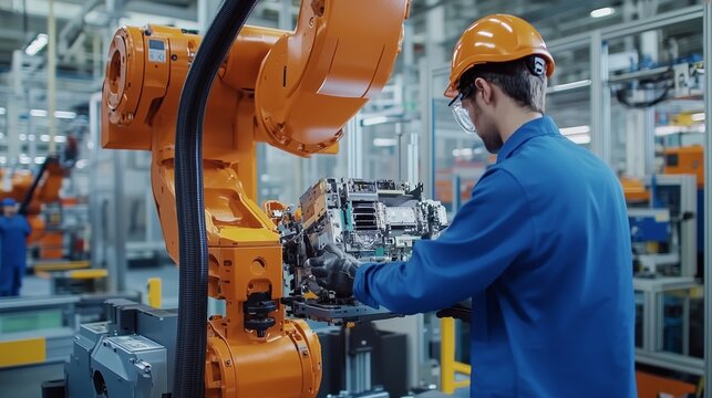 Worker in safety gear assembling components with robotic arm in a modern factory during the day