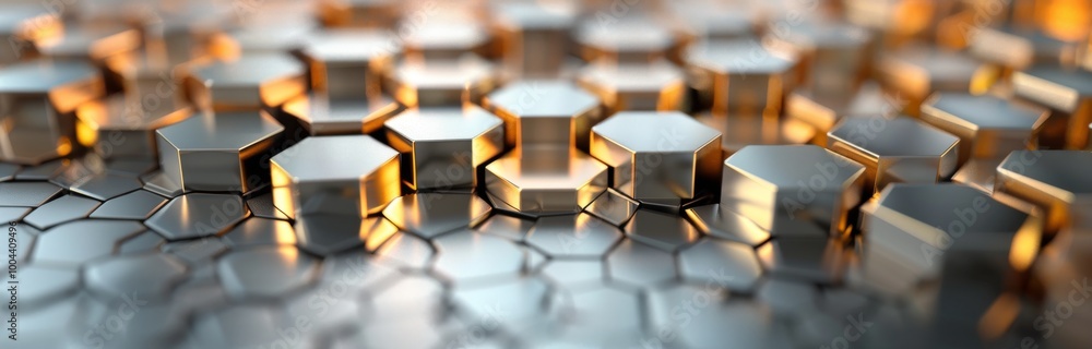 Poster close-up of metallic hexagonal tiles reflecting light in a contemporary setting