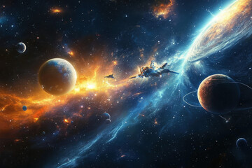 Obraz premium A majestic spacecraft navigates through a vibrant cosmic landscape filled with distant planets and swirling galaxies. Generative AI