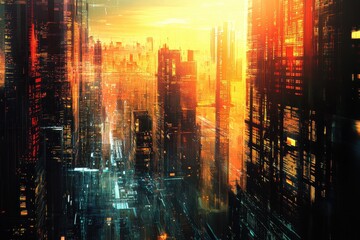 Futuristic Cityscape with Glowing Windows and Sunset