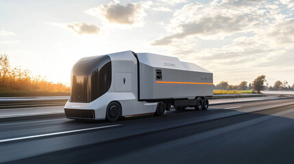 Obraz premium A self-driving truck transporting goods on a highway. 