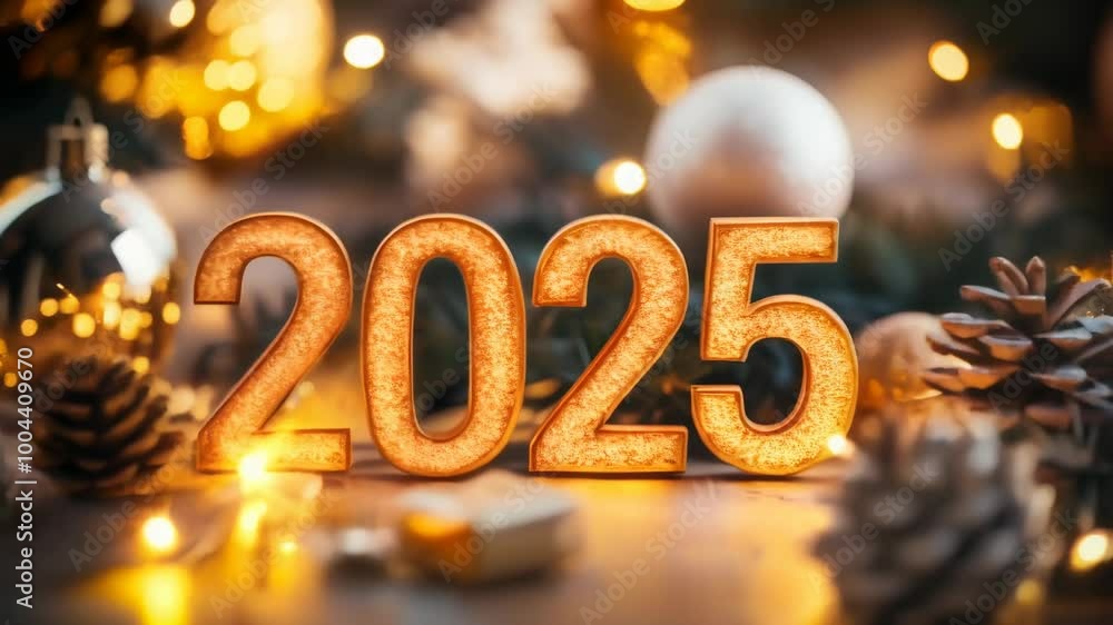 Aufkleber Lighted number 2025 surrounded by christmas ornaments and pine cones on a wooden surface with string lights glowing in the background
