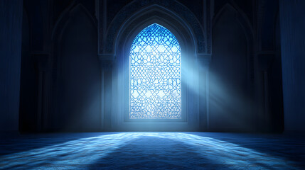 Moon light shine through the window into islamic mosque interior. Ramadan Kareem islamic background. 3d render illustration