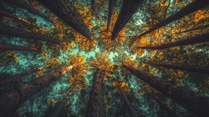 Obraz premium A serene view of tall trees reaching towards a clear sky, showcasing nature's beauty.