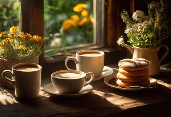 Fototapeta premium aesthetic scene warm coffee cups arranged rustic wooden table surrounded natural elements highlighting cozy ambiance, beverage, aroma, steam, texture
