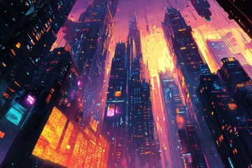 Futuristic Cityscape with Glowing Towers and Neon Lights