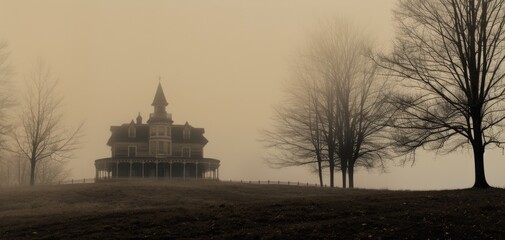Obraz premium Mysterious Victorian House Silhouetted Against Foggy Morning Sky