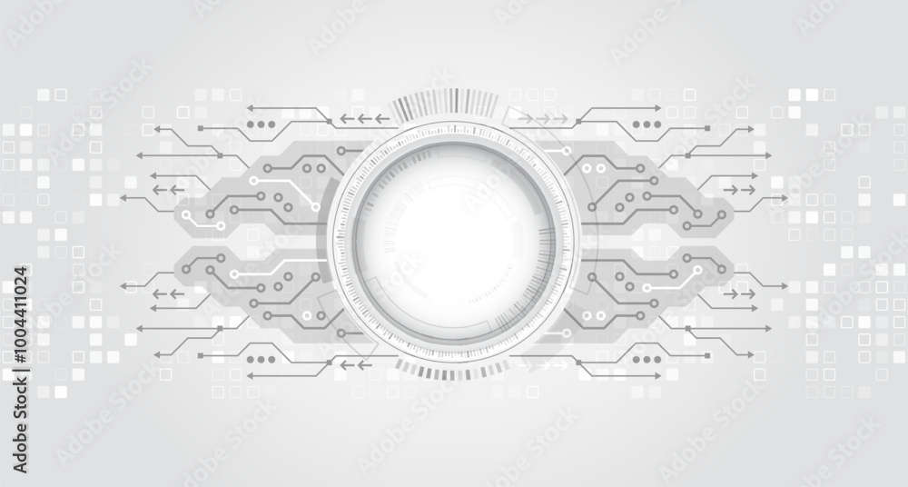 Poster Data transfer and protection, internet communication on a grey background. High computer technology design. Modern data protection vector presentation. Abstract circuit board futuristic concept.