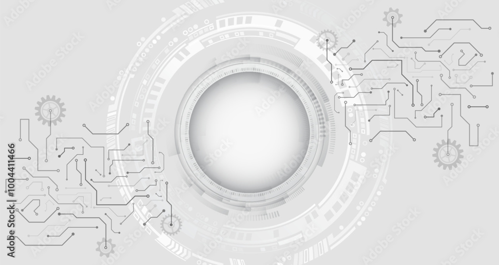 Poster Wide grey background with various technological elements. Abstract technology communication, vector illustration. Futuristic presentation, banner. Hi-tech computer digital technology concept.