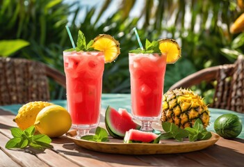 vibrant fruit garnished iced beverage refreshment ideal bright summer days, mocktail, cocktail, refreshing, cold, colorful, slice, artisan, lemonade