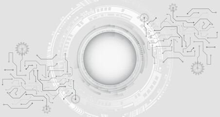 Wide grey background with various technological elements. Abstract technology communication, vector illustration. Futuristic presentation, banner. Hi-tech computer digital technology concept.