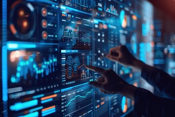 Obraz premium A man is sitting in front of a computer monitor with a map of the world on it, generative ai image