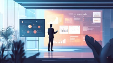 A business executive giving a presentation on business growth strategies, digital slides with financial data, modern conference room