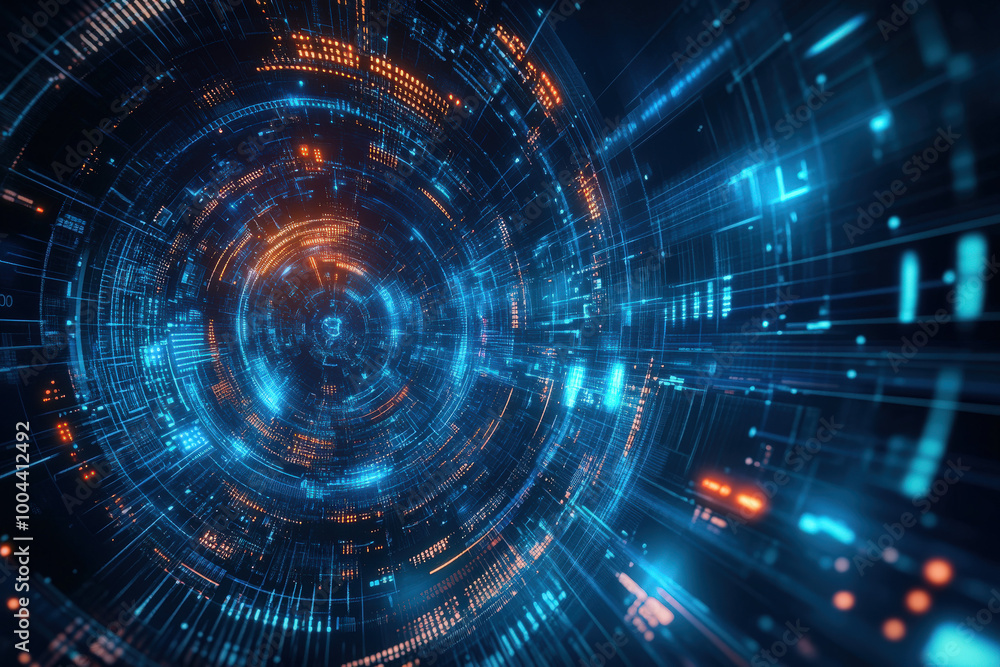 Poster intricate digital tunnel flowing with blue and orange light patterns, evoking a futuristic journey t