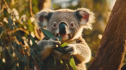 Fototapeta premium Koala sitting on a tree branch munching on eucalyptus leaves, providing an authentic wildlife scene with ample space for copy.