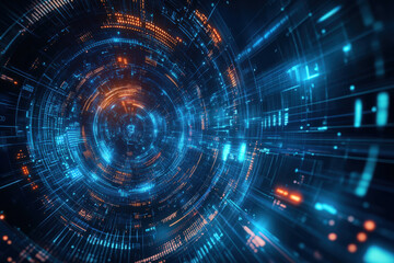 Intricate digital tunnel flowing with blue and orange light patterns, evoking a futuristic journey through cyberspace at night. Generative AI