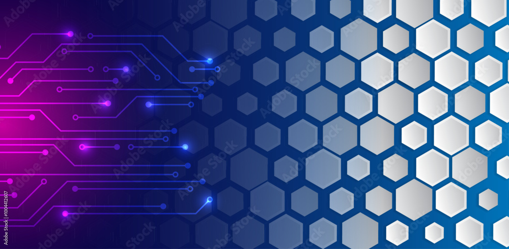 Aufkleber Wide Sci fi template with polygons for presentation or banner. Abstract hexagons science on the blue background. Hi-tech digital technology and engineering concept.