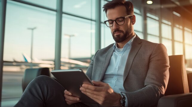 A business executive preparing for a global business trip, checking global financial data on a tablet, sleek airport lounge