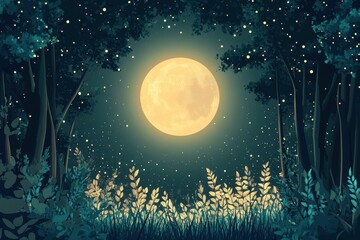 Full Moon Illuminating a Forest with Fireflies at Night