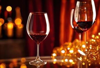 captivating close elegant wine glass bathed soft ambient light creating warm inviting atmosphere, lighting, elegance, reflections, vintage, red