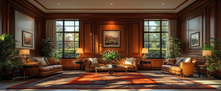 Luxurious Living Room with Wooden Paneling and Large Windows