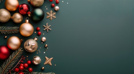 Colorful Christmas Ornaments and Pine Cones Arranged on a Dark Green Background