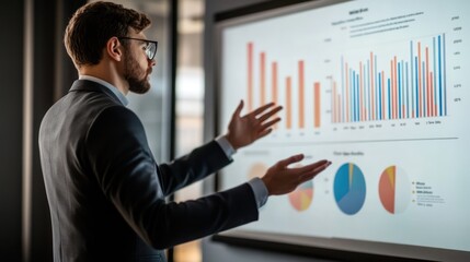 A business executive presenting financial data during a formal meeting, large projector screen with charts and graphs