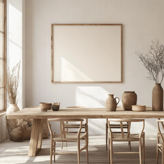 Empty frame mockup on the white wall, above wooden table. AI generation.