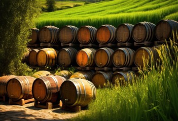 vibrant bottles barrels lush beer landscape showcasing rich colors textures beer culture, artisan, brewing, craft, outdoor, gathering, rustic, decor