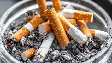 Close-up of cigarette butts in a glass ashtray, representing the remnants of smoking, health risks, and pollution concerns.