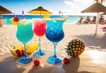 vivid tropical cocktails brightly colored drink umbrellas imagery perfect summer refreshment, vibrant, party, beverage, fruit, exotic, colorful, fun