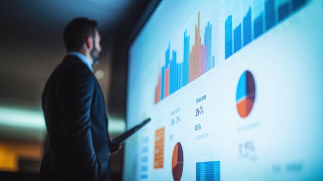 A business executive presenting financial data during a formal meeting, large projector screen with charts and graphs