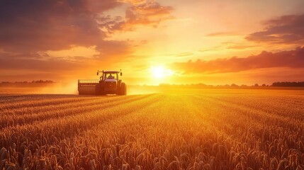 Fototapeta premium Tractor baling wheat field at sunset 