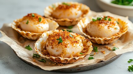 Baked scallops in shells with breadcrumbs and parsley, ready to be served, baked scallops, gourmet seafood